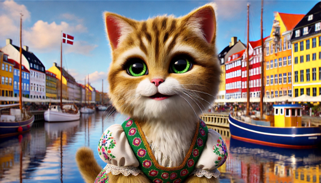 Cathypurr, a golden-furred cat in traditional Danish attire, posing at Copenhagen’s Nyhavn waterfront with colorful buildings in the background.