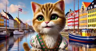 Cathypurr, a golden-furred cat in traditional Danish attire, posing at Copenhagen’s Nyhavn waterfront with colorful buildings in the background.